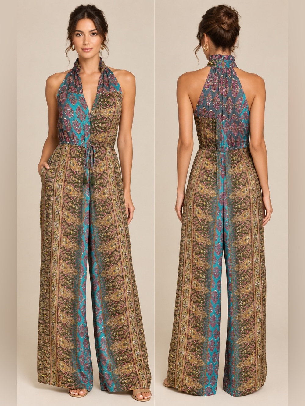 Perry Walker Collective Silk Blend Bohemian Halter Wide Leg Jumpsuit